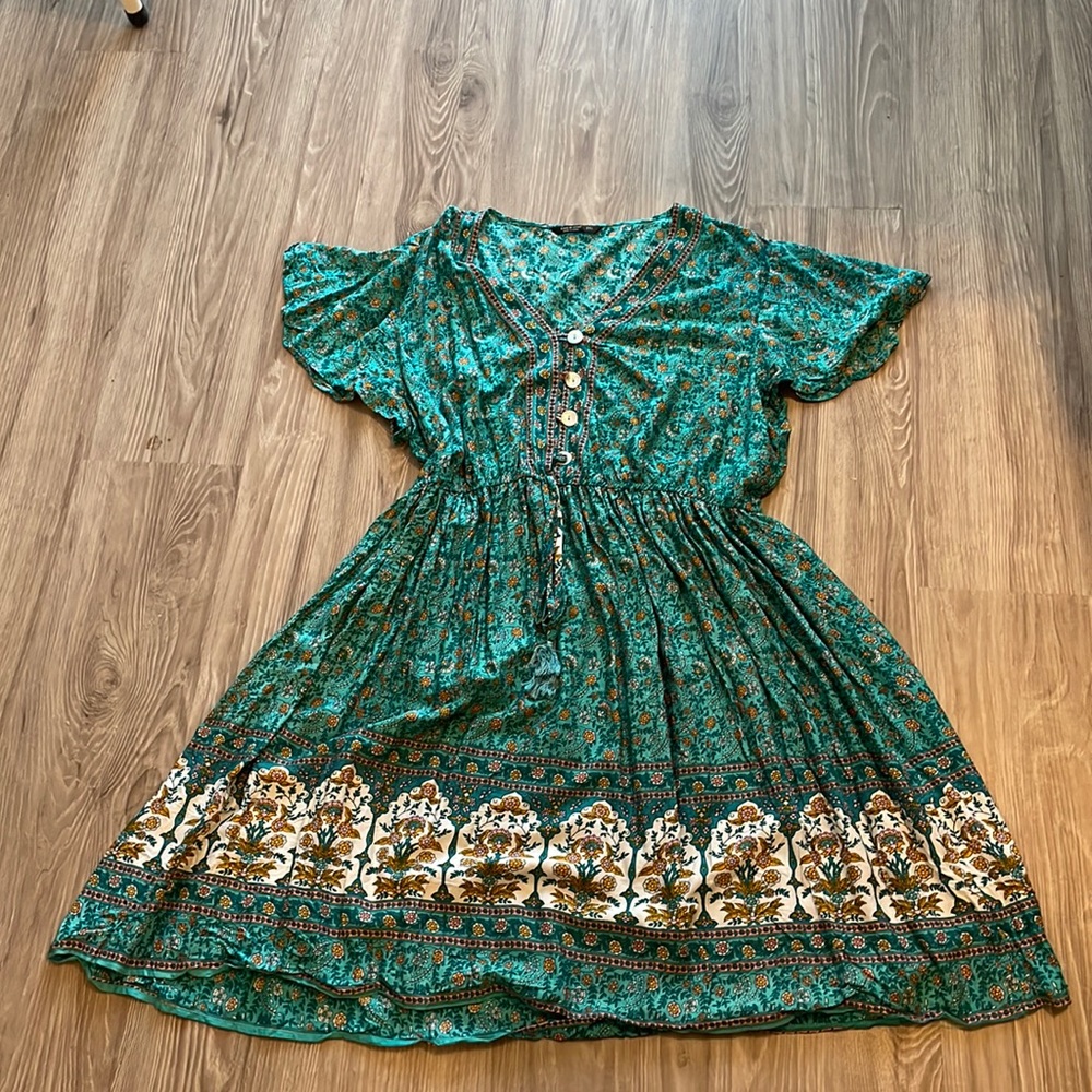 Turquoise Floral Peasant Dress
